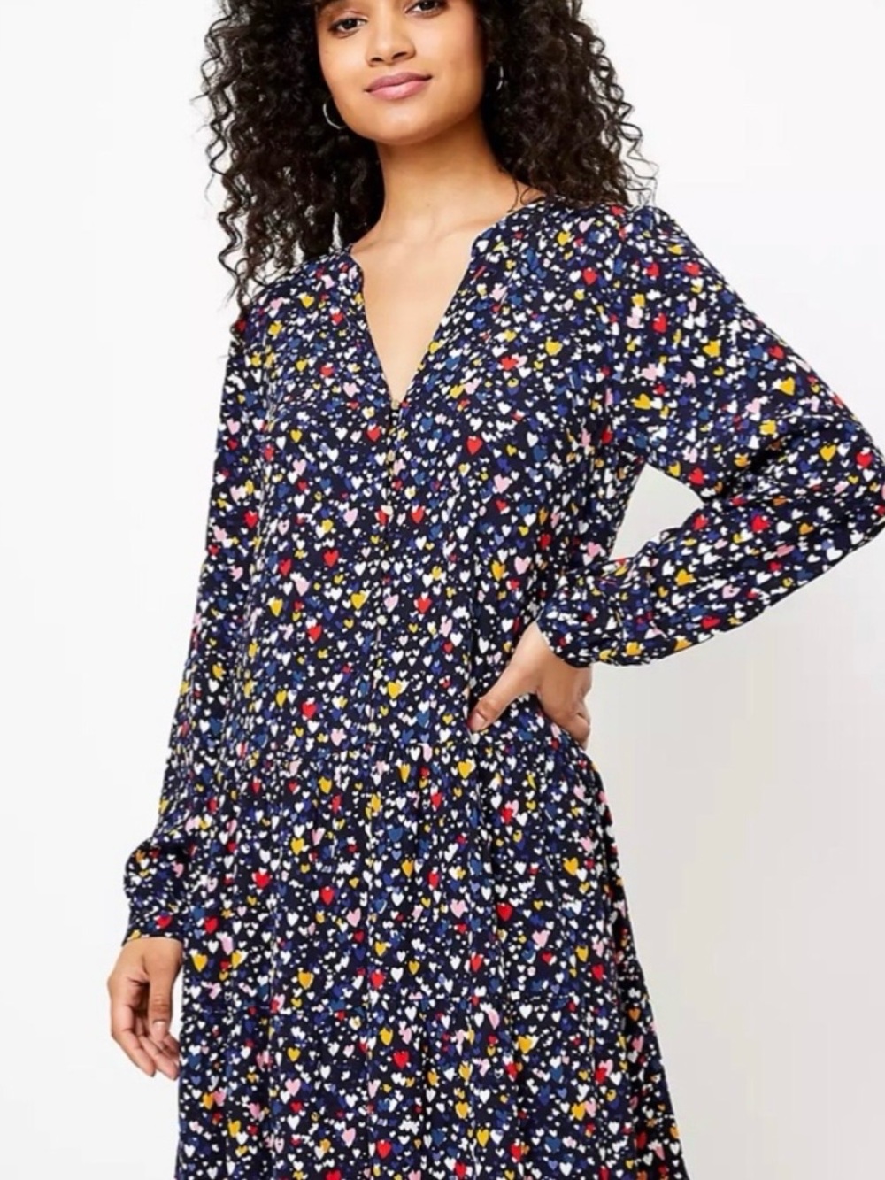 Loft Heart Pattern Print Long Sleeve Drop Waist V Neck Dress Sz M